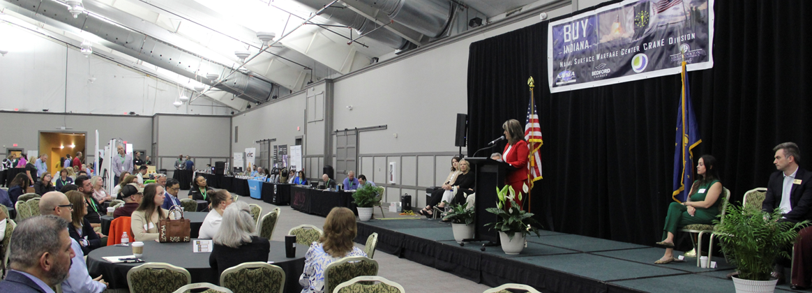 NSWC Crane Technical Director, Dr. Angela Lewis, SES, speaks at the annual Buy Indiana Expo in French Lick, Indiana on April 28. 